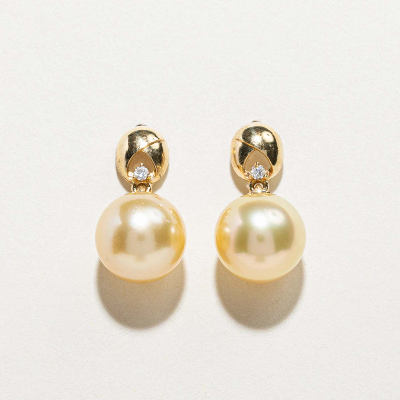 Fresh Sparkle South Sea Golden Pearl & Diamond Drop Earrings | 0.04ctw