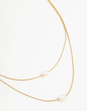 Waterproof Gold Plated Stainless Steel Layered Pearl Pendant Necklace Travel Accent