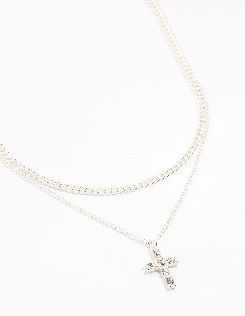 Silver Plated Diamante Cross Layered Curbchain Necklace Charm Adornment