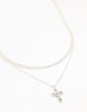 Silver Plated Diamante Cross Layered Curbchain Necklace Charm Adornment