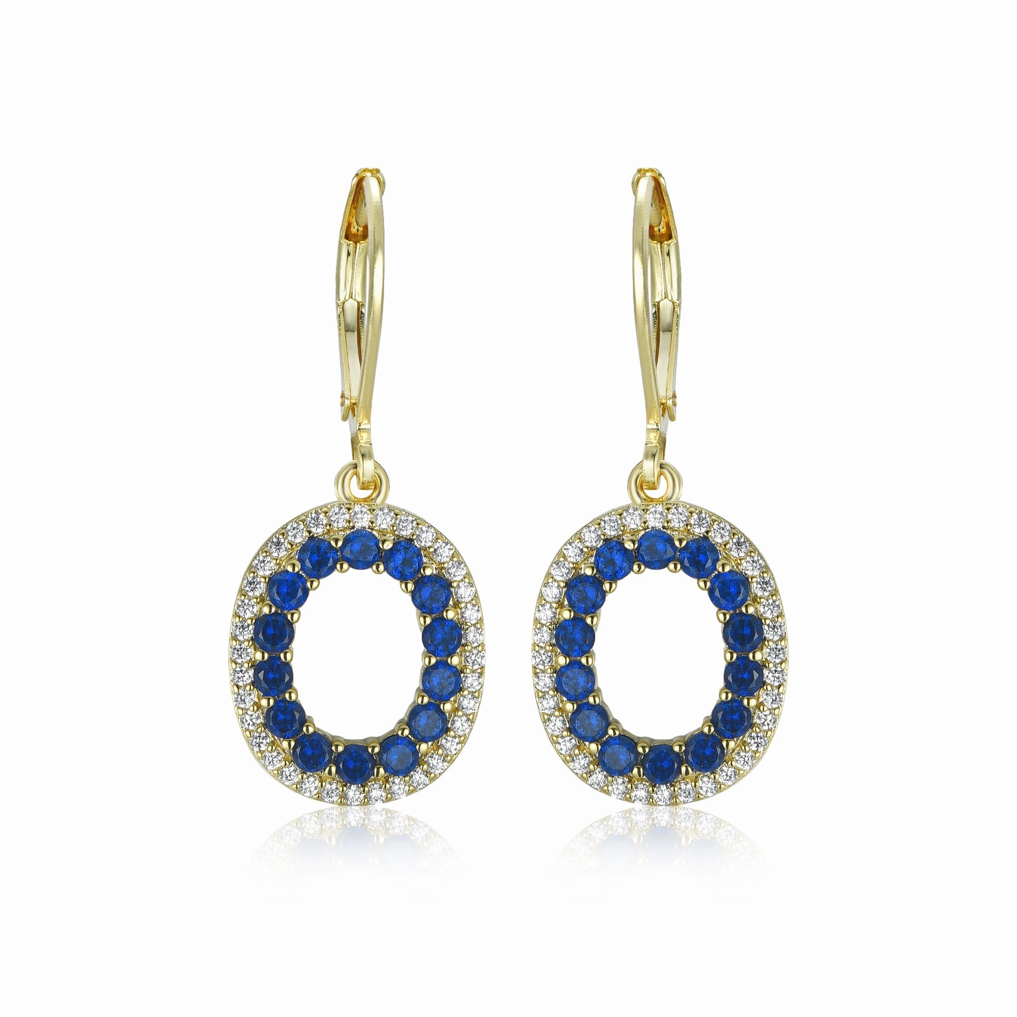 Gold-Plated Hanging Oval with Sapphire CZs on Surgical Leverback Earrings Bright Ornament