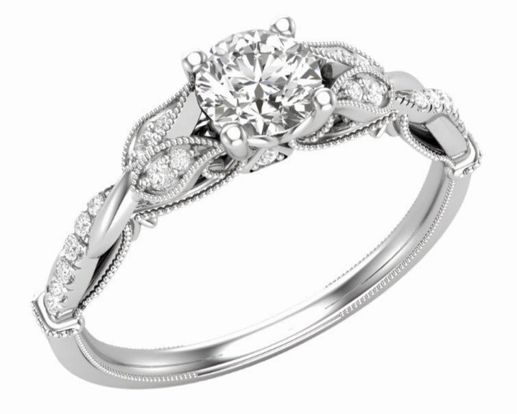 Artistic Creation Petite Floral Diamond Engagement Ring 14 KT White Gold .75 Carat Total Weight With 2/3 ct Diamond Center