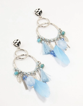 Pearlescent Item Silver Light Blue Feather Dream Catcher Drop Earrings