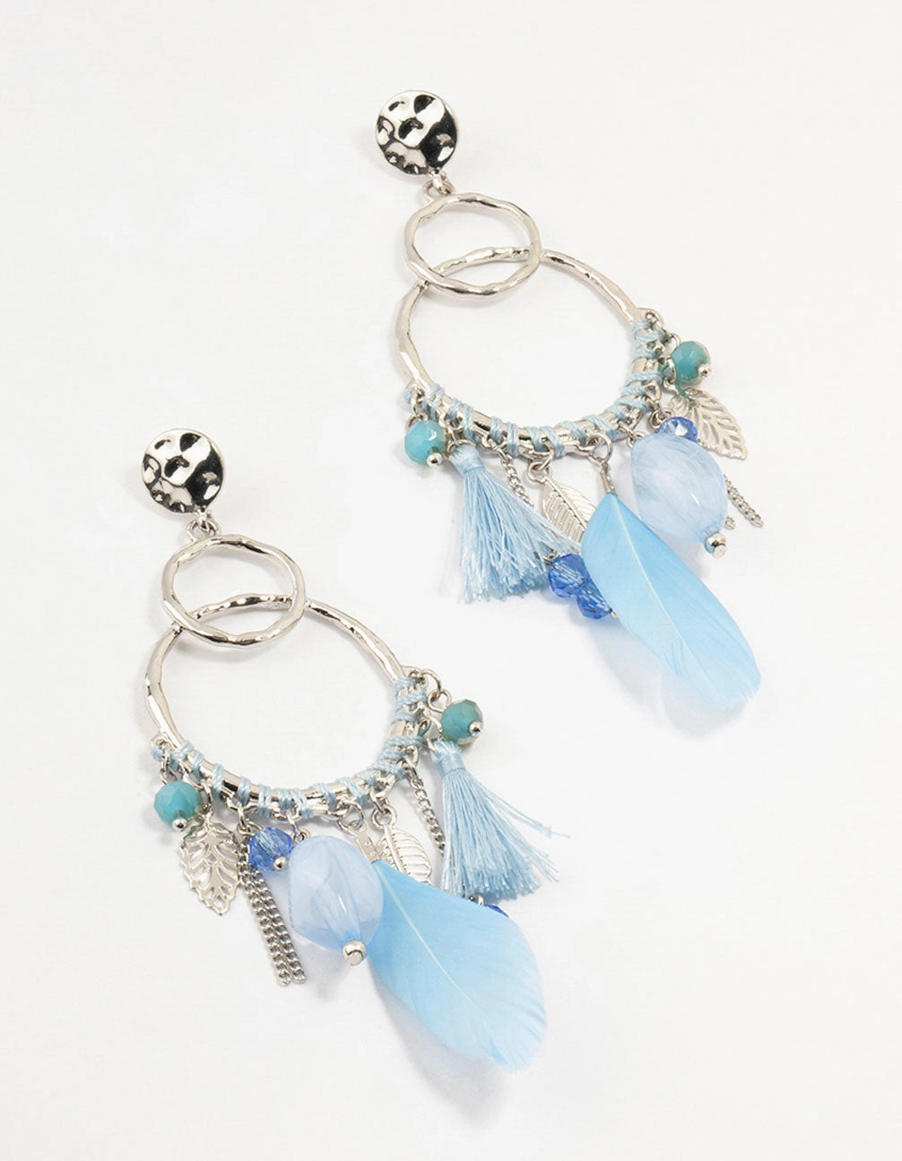 Pearlescent Item Silver Light Blue Feather Dream Catcher Drop Earrings