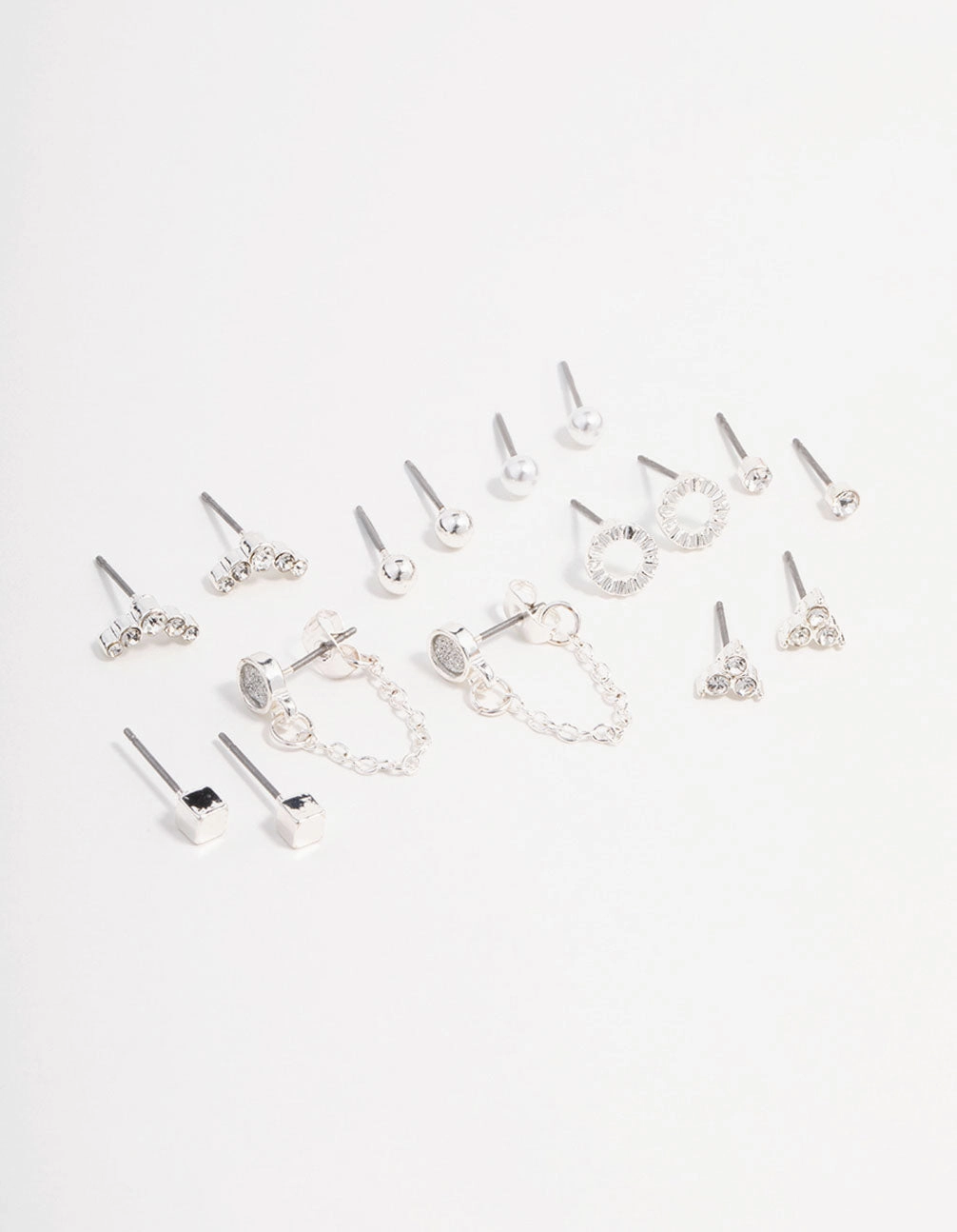 Stylish Layer Dainty Shine Silver Stud Chain Diamante Earring 8-Pack