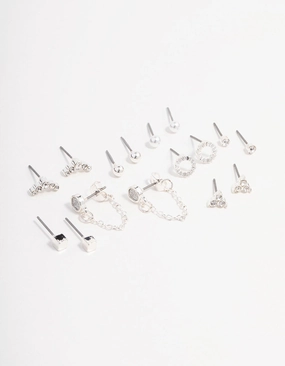 Stylish Layer Dainty Shine Silver Stud Chain Diamante Earring 8-Pack