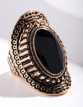 Antique Gold Oval Etched Border Ring Timeless Design