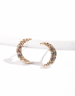 Gold Pave Diamante Crescent Moon Stud Earrings Comfortable Piece