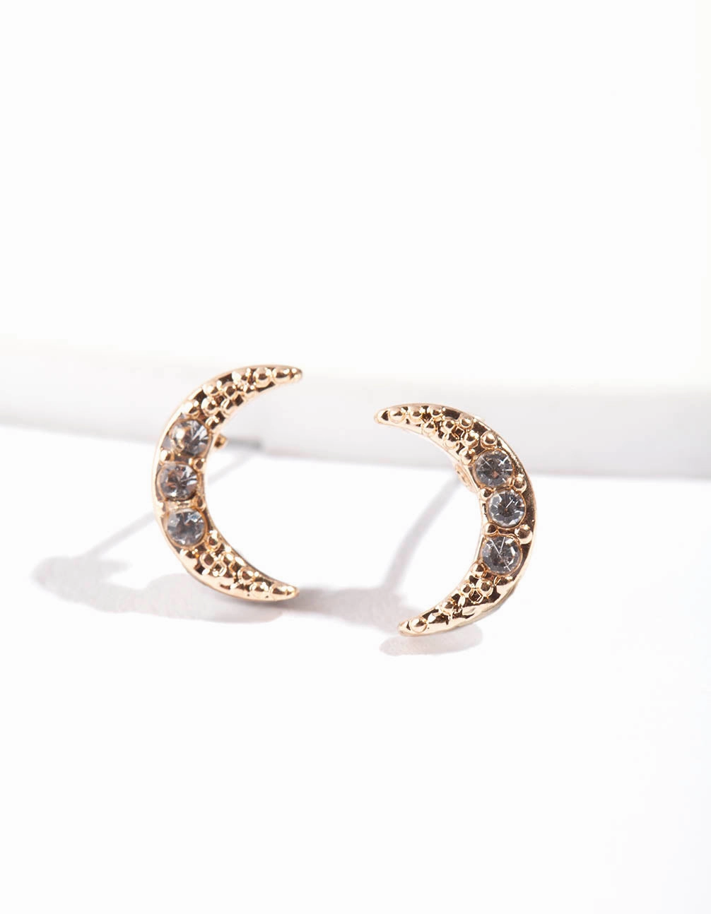 Gold Pave Diamante Crescent Moon Stud Earrings Comfortable Piece