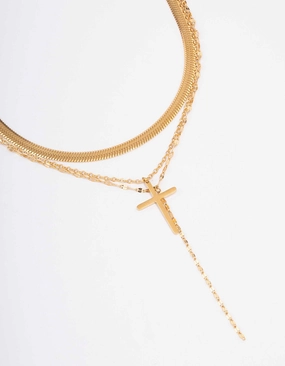 Urban Present Classic Finish Waterproof Gold Plated Stainless Steel Multi Chain Cross Layered Necklace