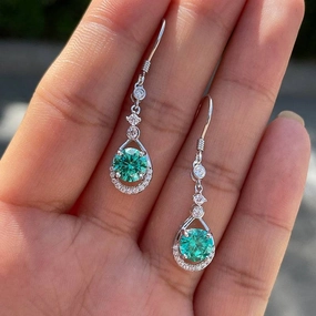 Louily Stunning Round Cut Paraiba Tourmaline Drop Earrings In Sterling Silver Timeless Accessory Embellished Decoration