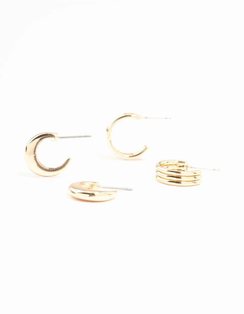 Square Decoration Gold Ribbed & Plain Hoop Earrings 2-Pack