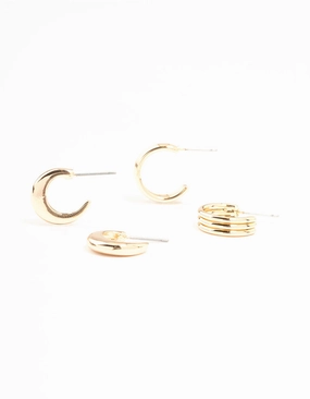 Square Decoration Gold Ribbed & Plain Hoop Earrings 2-Pack