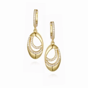 Trendy Aesthetic Chic Essential Sterling Silver Oval With Two Curved Lines of CZs Earrings