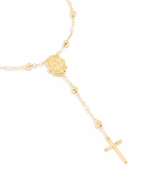 Gold Plated Pink Beaded Lariat Cross Necklace Minimal Appeal