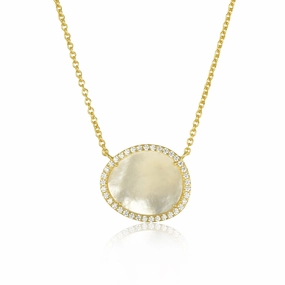 Casual Gathering Gold Plated Sterling Silver CZ Border With Mother of Pearl Natural Shape Necklace