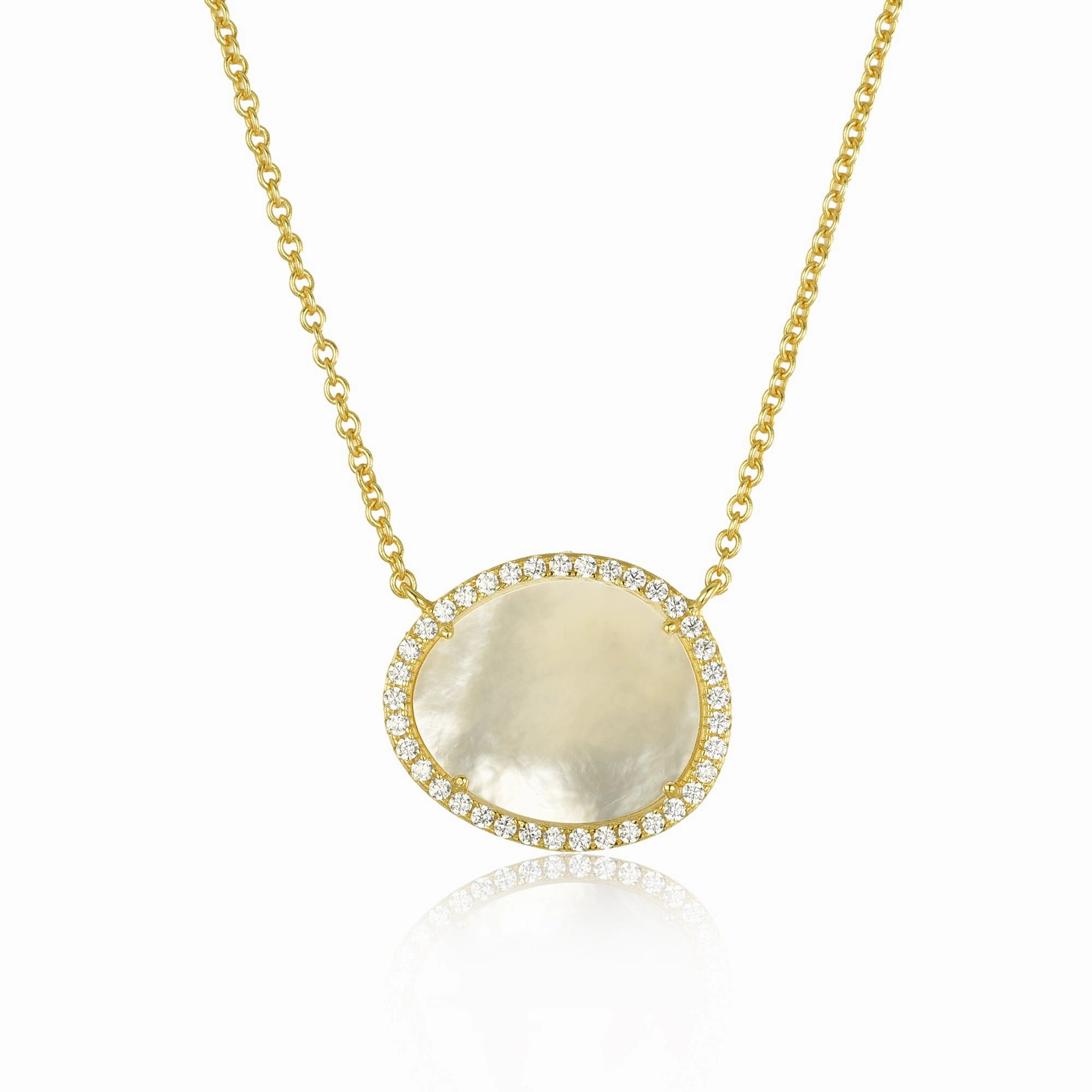 Casual Gathering Gold Plated Sterling Silver CZ Border With Mother of Pearl Natural Shape Necklace