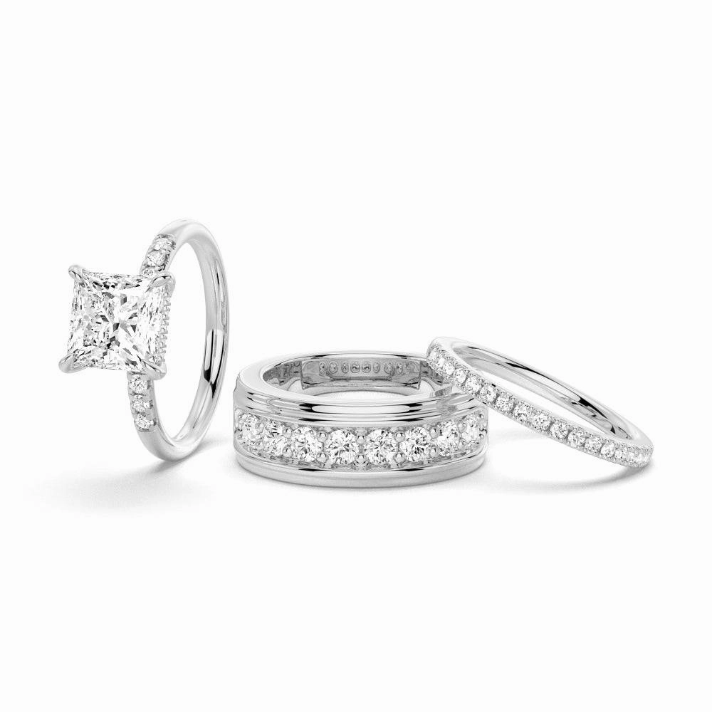 Princess Cut Hidden Halo Moissanite Couple's Ring Set with Men's Wedding Band Sturdy Adornment