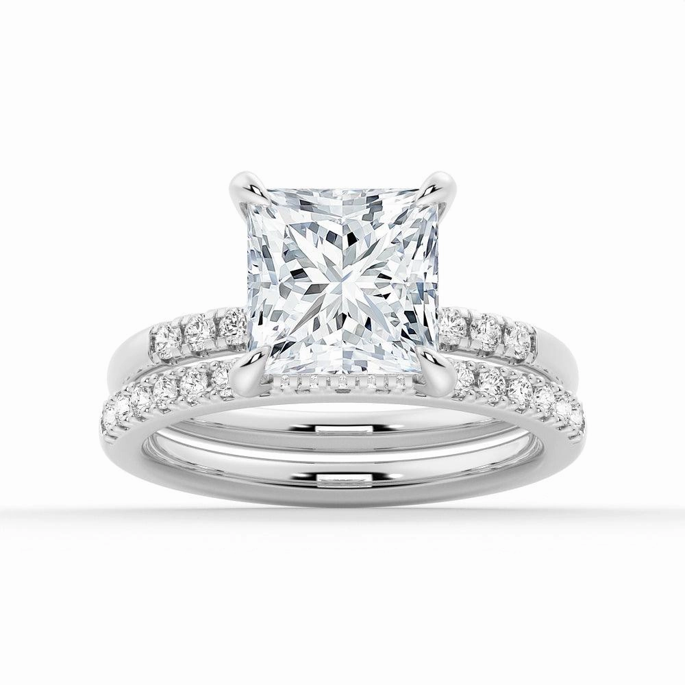 Princess Cut Hidden Halo Moissanite Ring Set with Matching Wedding Band Neutral Finish