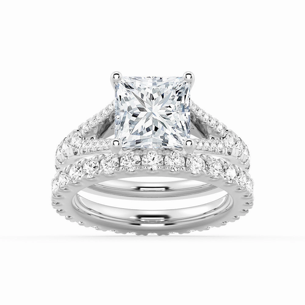 Handmade Process Princess Cut Split Shank Moissanite Ring Set with Matching Wedding Band