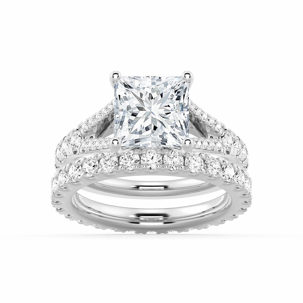 Premium Craft Princess Cut Split Shank Moissanite Ring Set with Matching Wedding Band