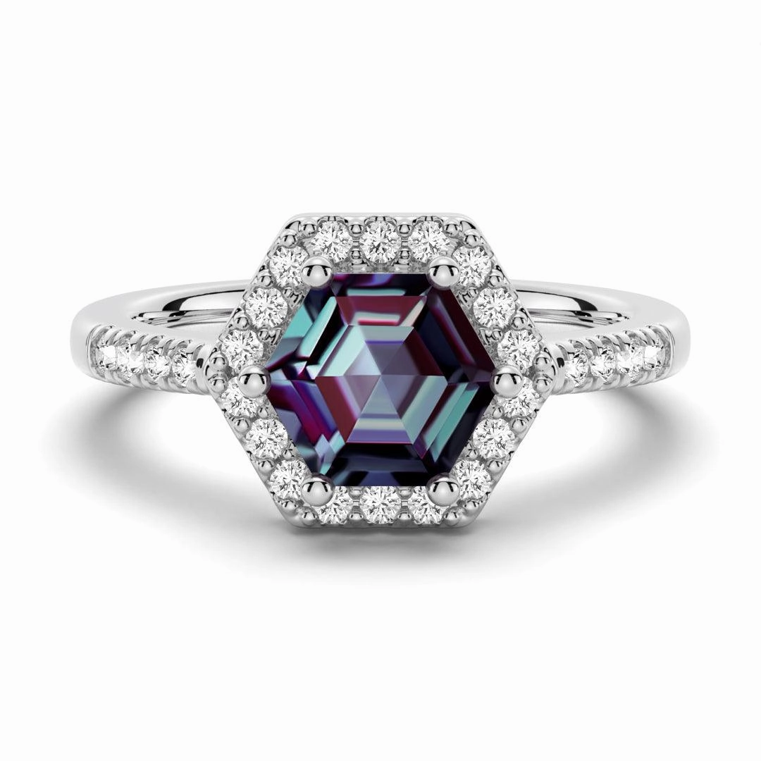 1.5 CT. Hexagon Cut Alexandrite Engagement Ring With Moissanite Halo Pav?? Custom Trinket Daily Look