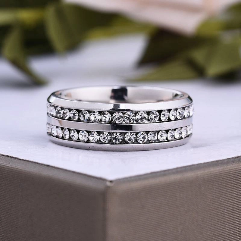 Louily Two Row Design White Gold White Sapphire Men's Wide Wedding Band In 925 Sterling Silver Modern Harmony