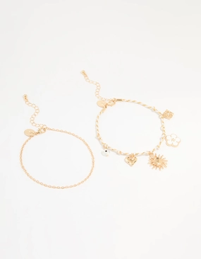 Gold White Rope Sun Charm & Chain Anklets 2-Pack Hassle-Free Vision
