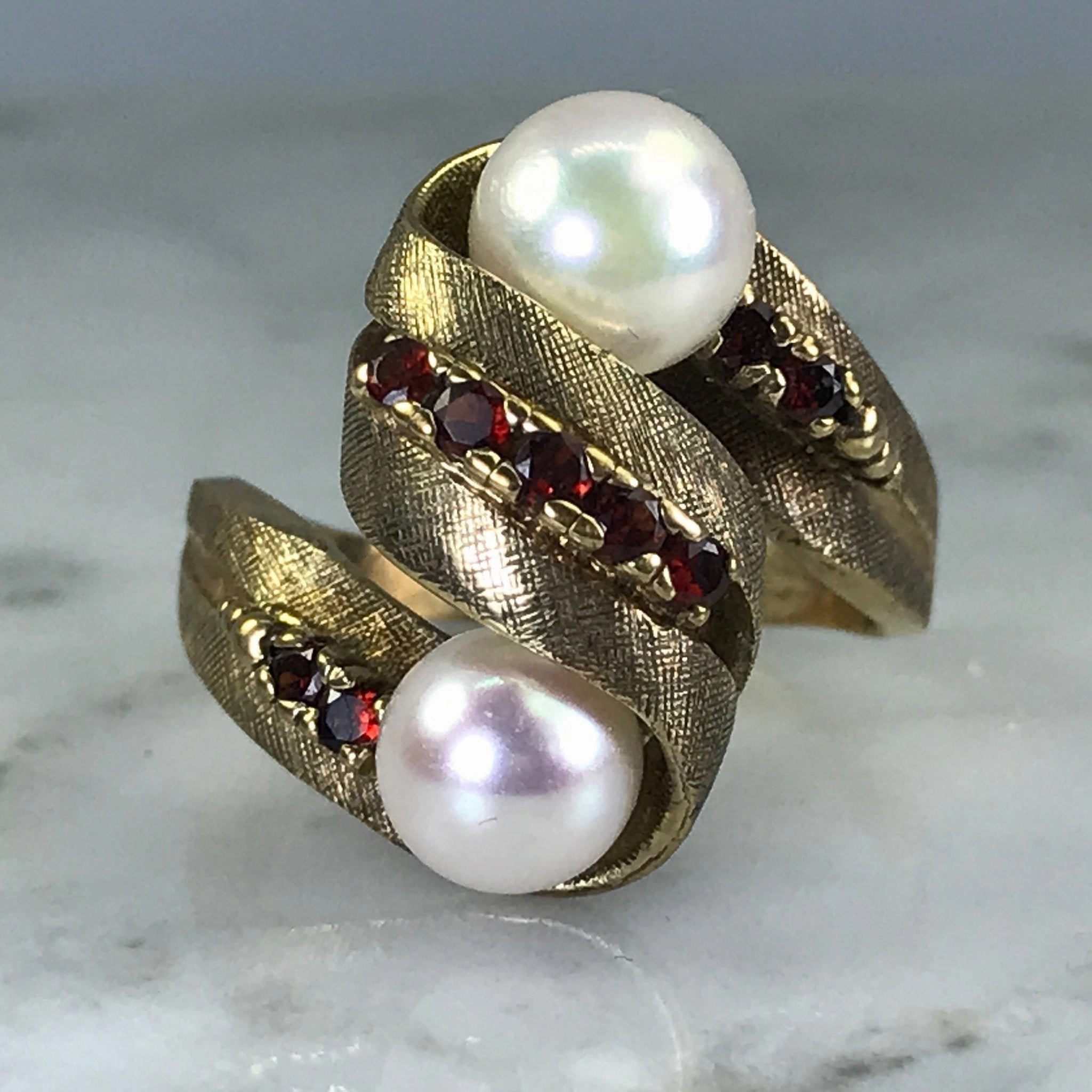 Vintage Pearl Garnet Statement Ring. 10K Brushed Yellow Gold. June Birthstone. 4th Anniversary Gift. Daytime Look