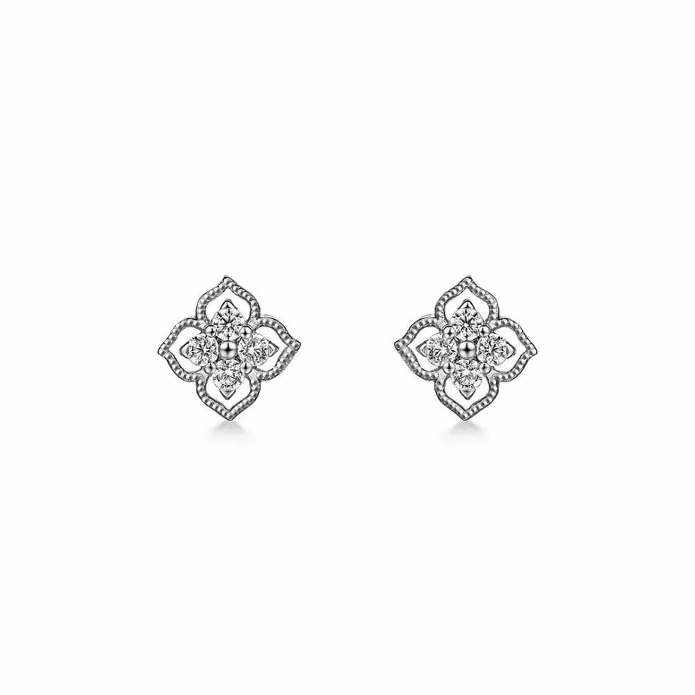 Pearlescent Item Secure Option Raised-Edge Clover Diamond Studs with Centered Sparkle