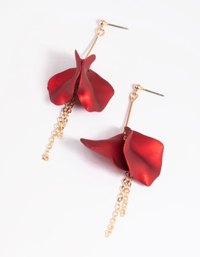 Rectangular Piece Red Petal & Chain Drop Earrings