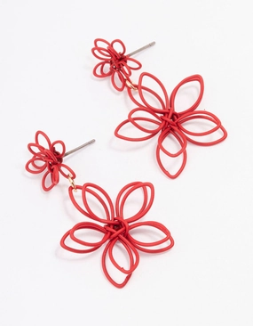 Safe Feature Red Wire Flower Drop Earrings