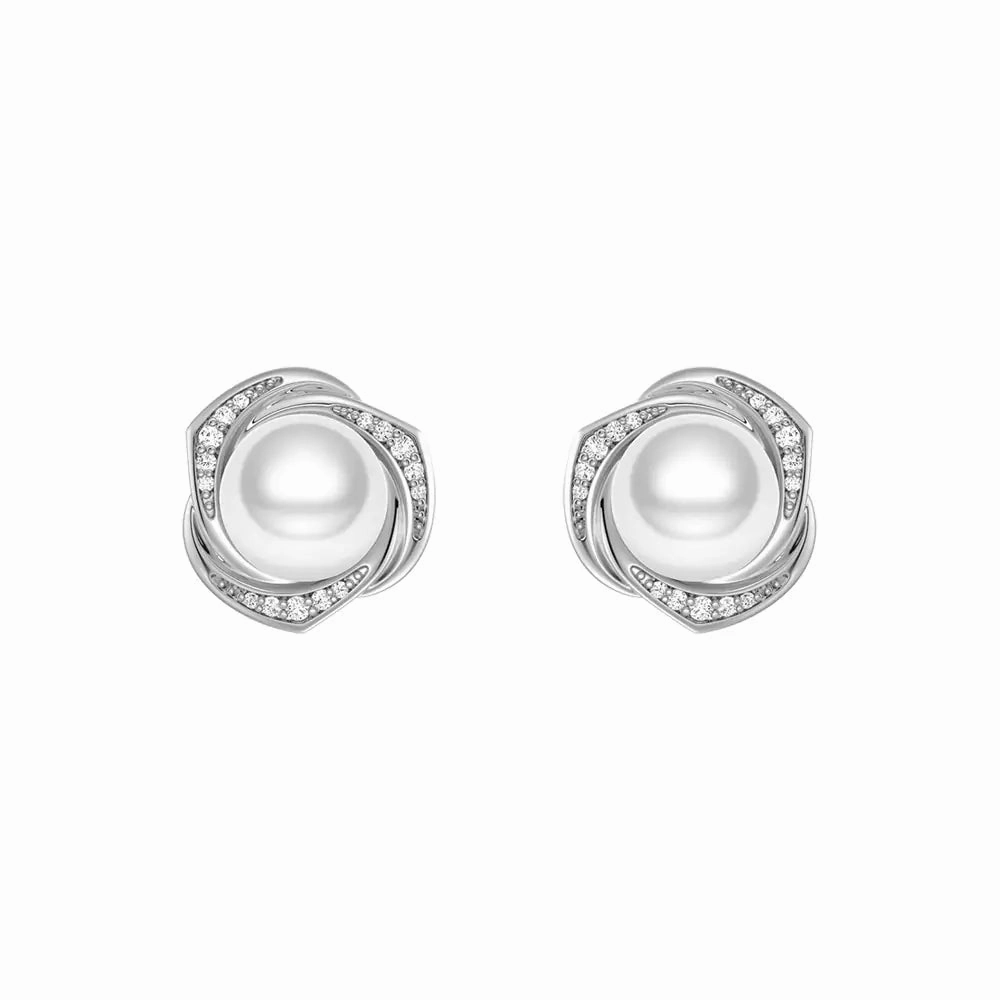 Elegant Finish Freshwater Pearl Stud Earrings with Diamond Floral Halo