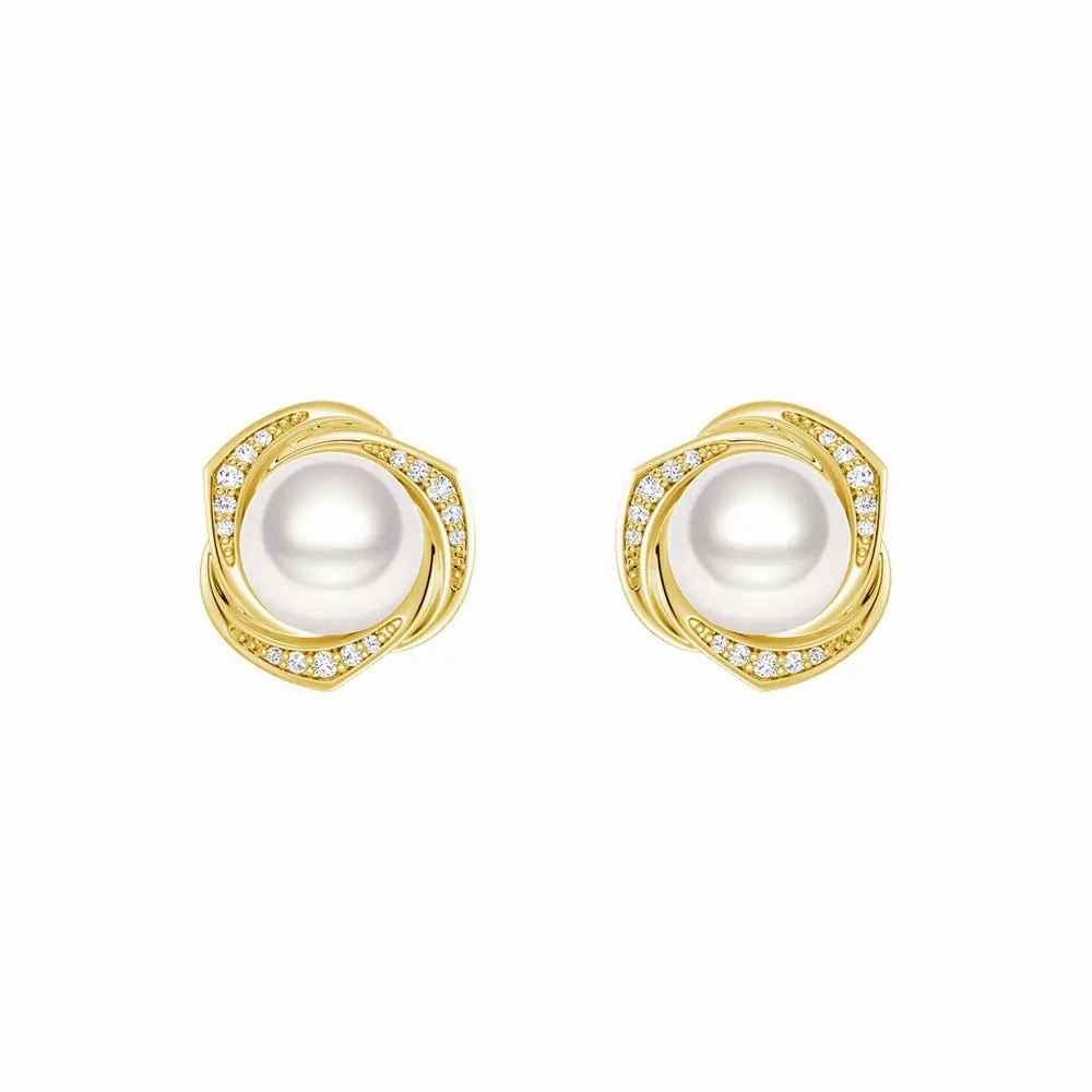Miniature Embellishment Freshwater Pearl Stud Earrings with Diamond Floral Halo