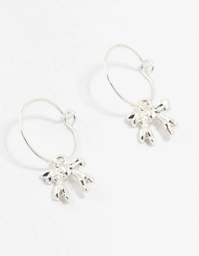 Refined Accent Geometric Decoration Silver Bow Hoop Earrings