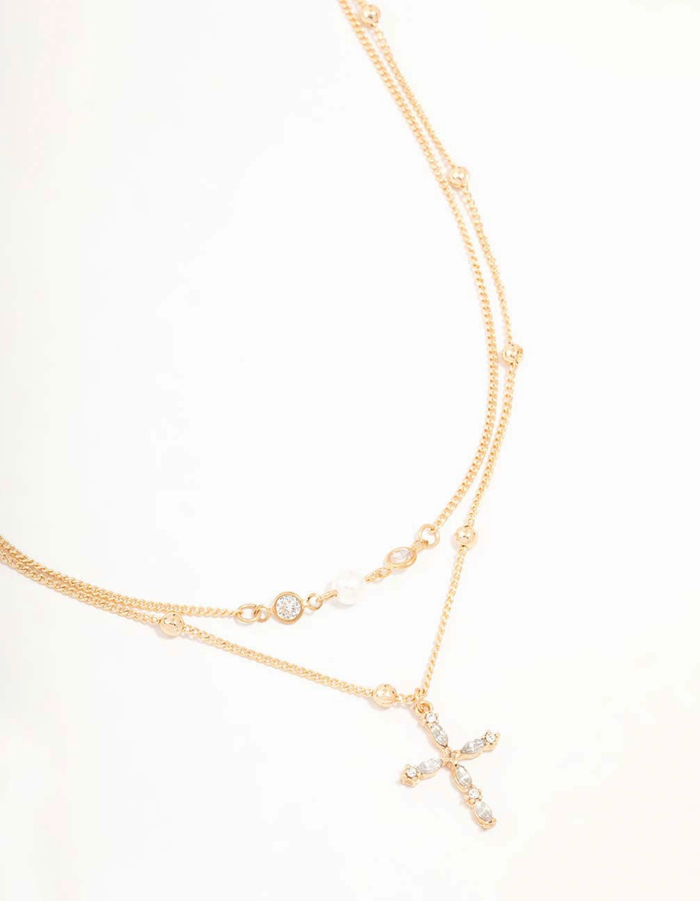 Gold Layered Diamante Cross & Pearl Necklace Summer Feature