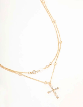 Gold Layered Diamante Cross & Pearl Necklace New collection Spring Feature