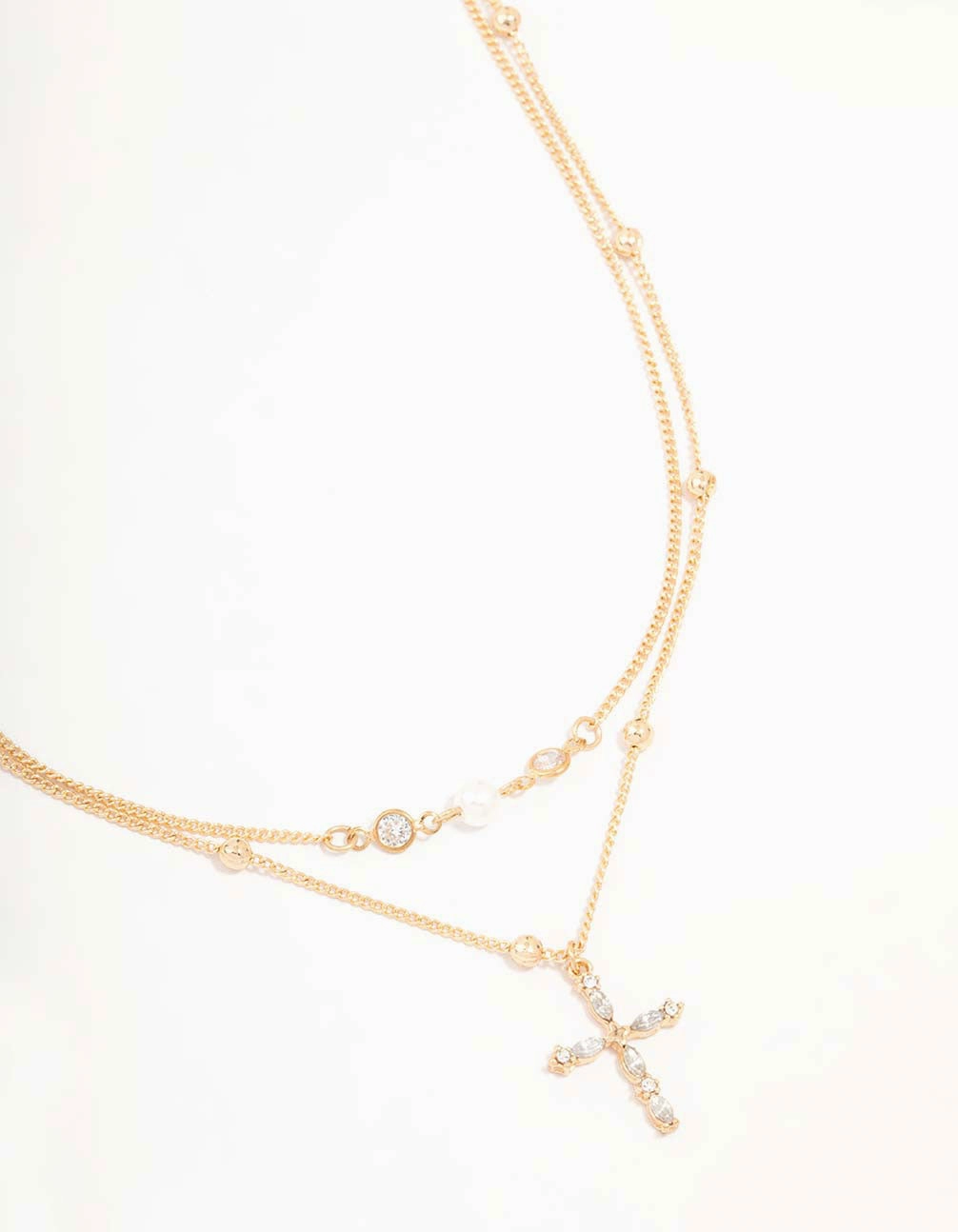 Sleek Mood Gold Layered Diamante Cross & Pearl Necklace