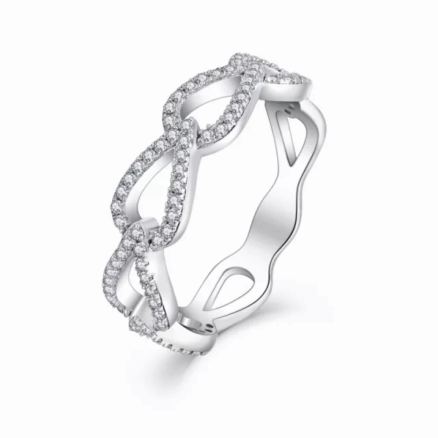 Trendy Edge Lucky Charm Sterling Silver Micropave Teardrop Shaped Links CZ Ring