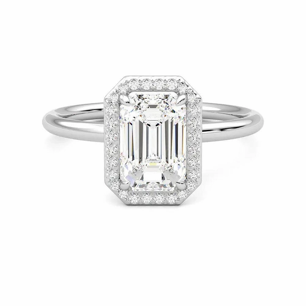 Halo Emerald Cut Moissanite Engagement Ring with Hidden Anniversary Stone Accent Wonderful Adornment Daily Expression