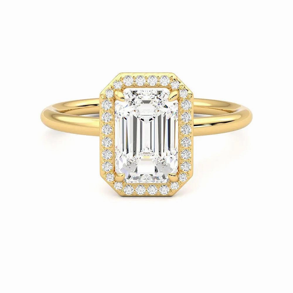 Halo Emerald Cut Moissanite Engagement Ring with Hidden Anniversary Stone Accent Travel Friendly Hypoallergenic product