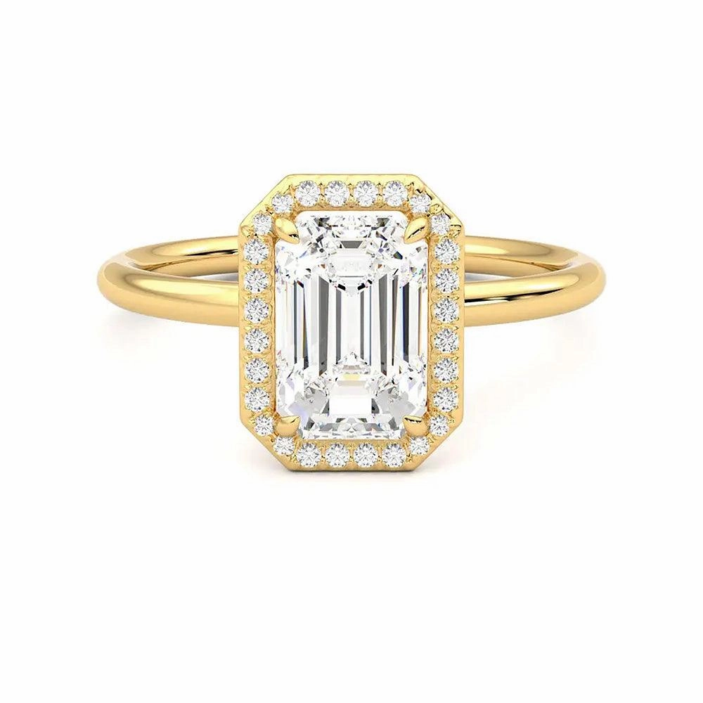 Everyday Choice Gentle Balance Halo Emerald Cut Moissanite Engagement Ring with Hidden Anniversary Stone Accent