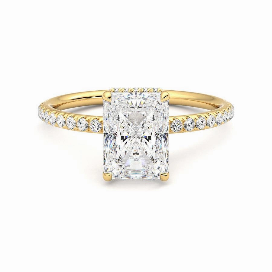 Radiant Cut Moissanite Engagement Ring with Hidden Halo and Anniversary Stone Accent Chic Art Fantastic Expression