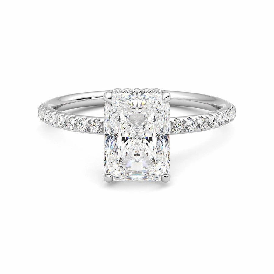 Comfortable Wear Radiant Cut Moissanite Engagement Ring with Hidden Halo and Anniversary Stone Accent
