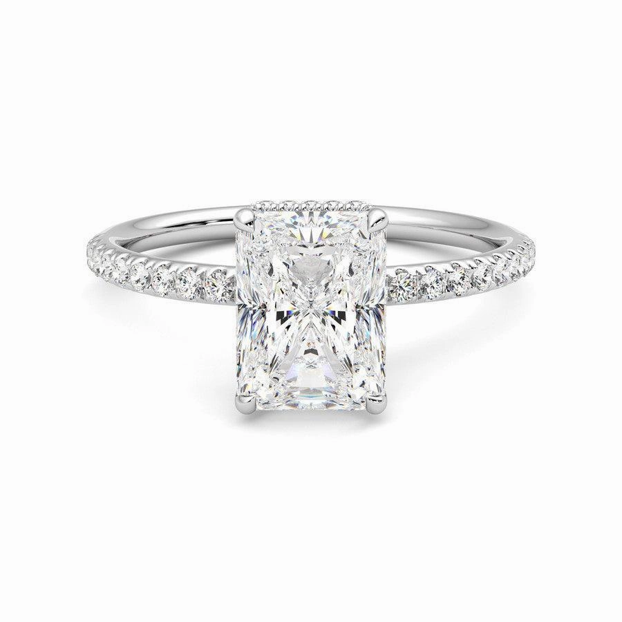 Radiant Cut Moissanite Engagement Ring with Hidden Halo and Anniversary Stone Accent Simple Look
