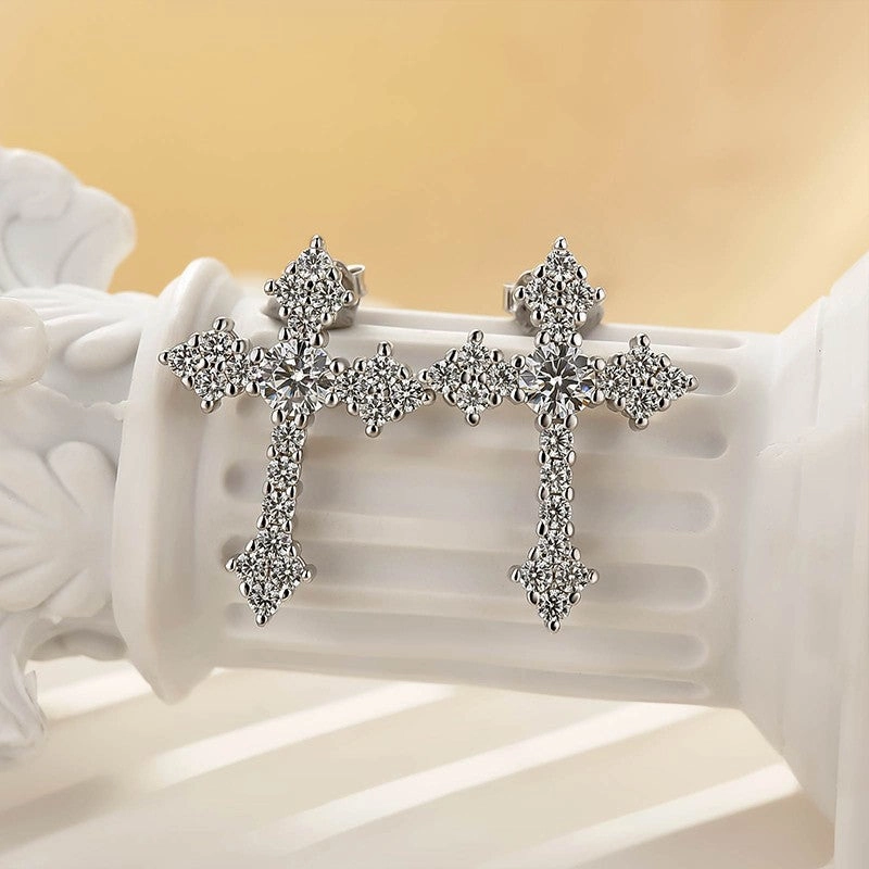 Bright Ornament Simulated Diamond Cross Stud Earrings In Sterling Silver