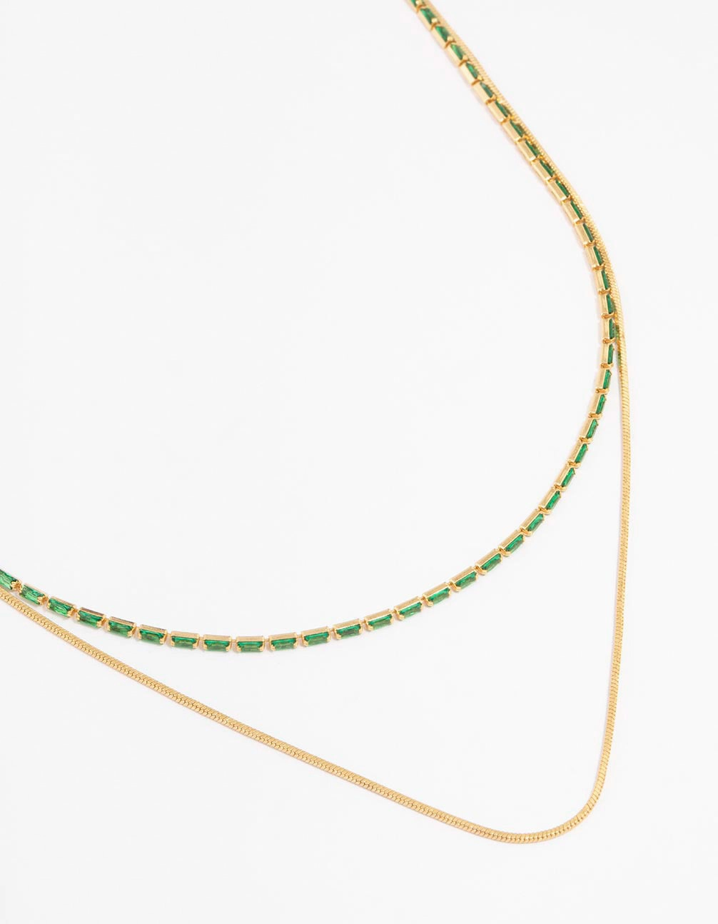 Classic Look Gold Plated Cubic Zirconia Emerald Baguette Dainty Layered Necklace