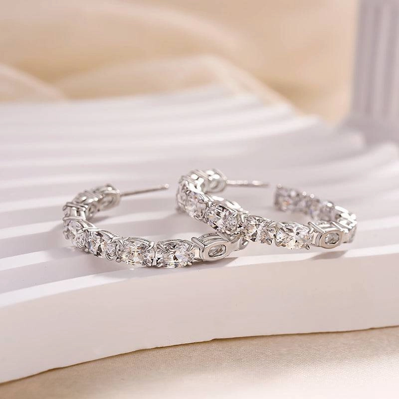 Polished Style Louily Sparkle Oval Cut Women's Hoop Earrings In Sterling Silver