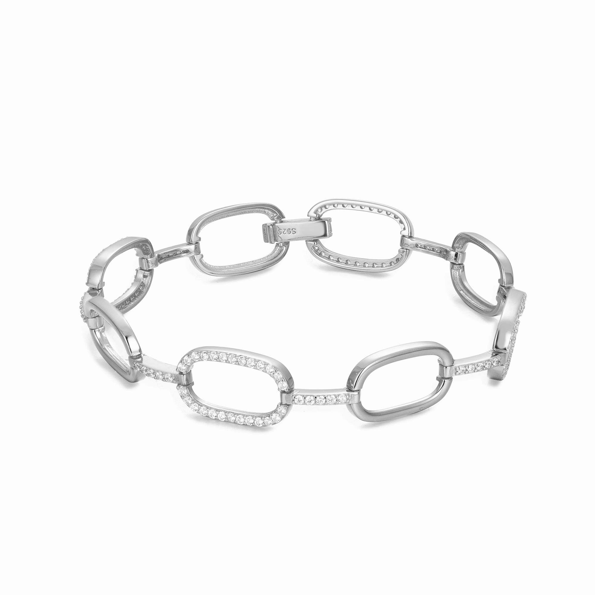 Rhodium or Gold-Plated Sterling Silver Micropave CZ Oval Link Bracelet Quick Buy
