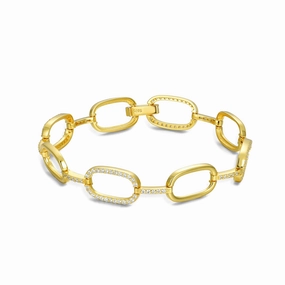 Rhodium or Gold-Plated Sterling Silver Micropave CZ Oval Link Bracelet Vintage Clarity Smooth Amalgamations